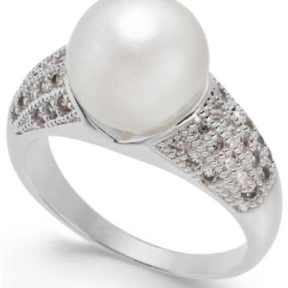 Charter Club Fine Silver Plate Pave & Imitation Pearl Ring  size 10 - Picture 1 of 5